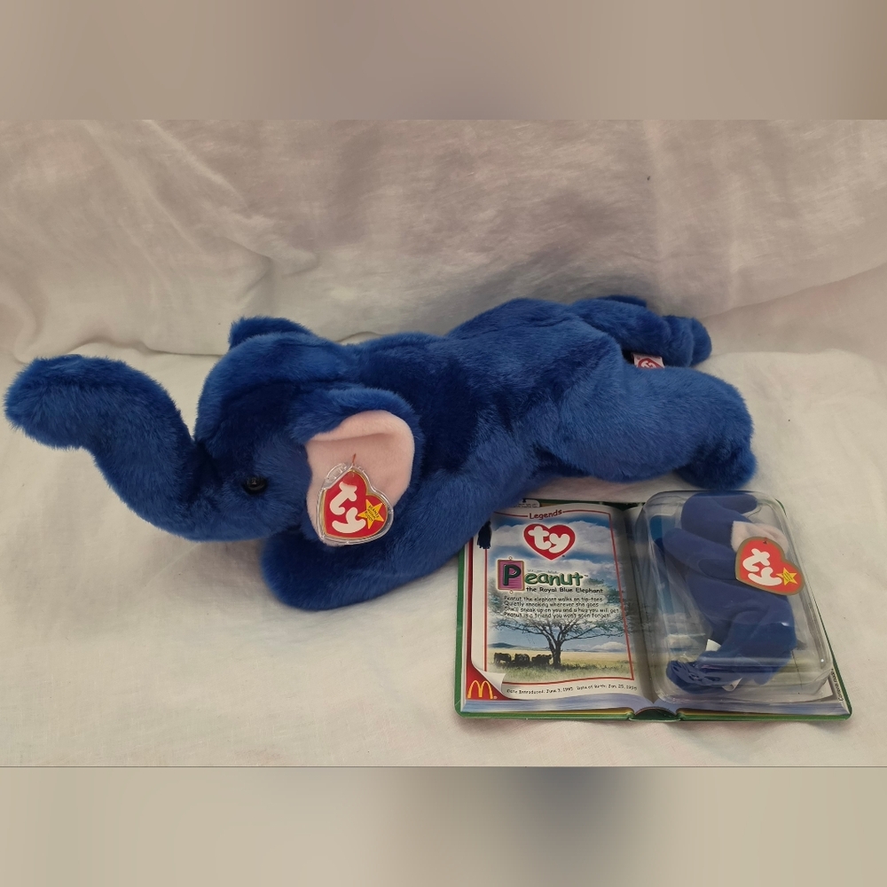 Ty Beanie Buddies Peanut The Royal Blue Elephant & Matching McDonalds Teenie